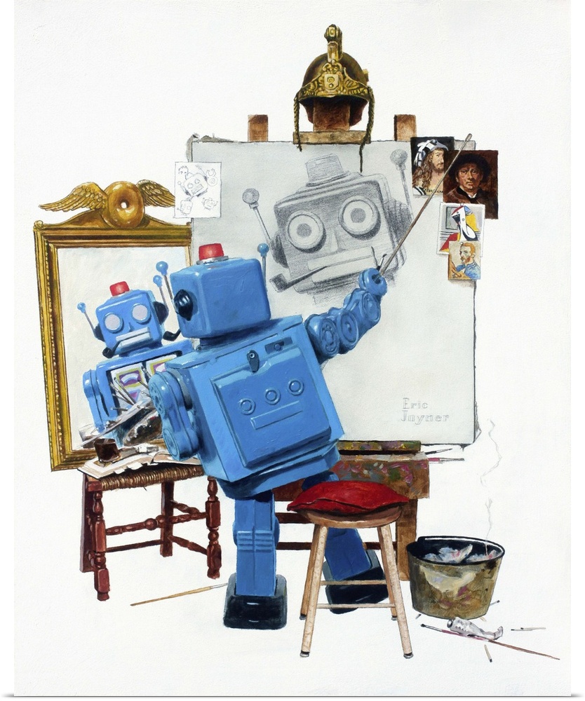 A contemporary painting of a blue retro toy robot painting himself while looking into a mirror recreating a famous painting.