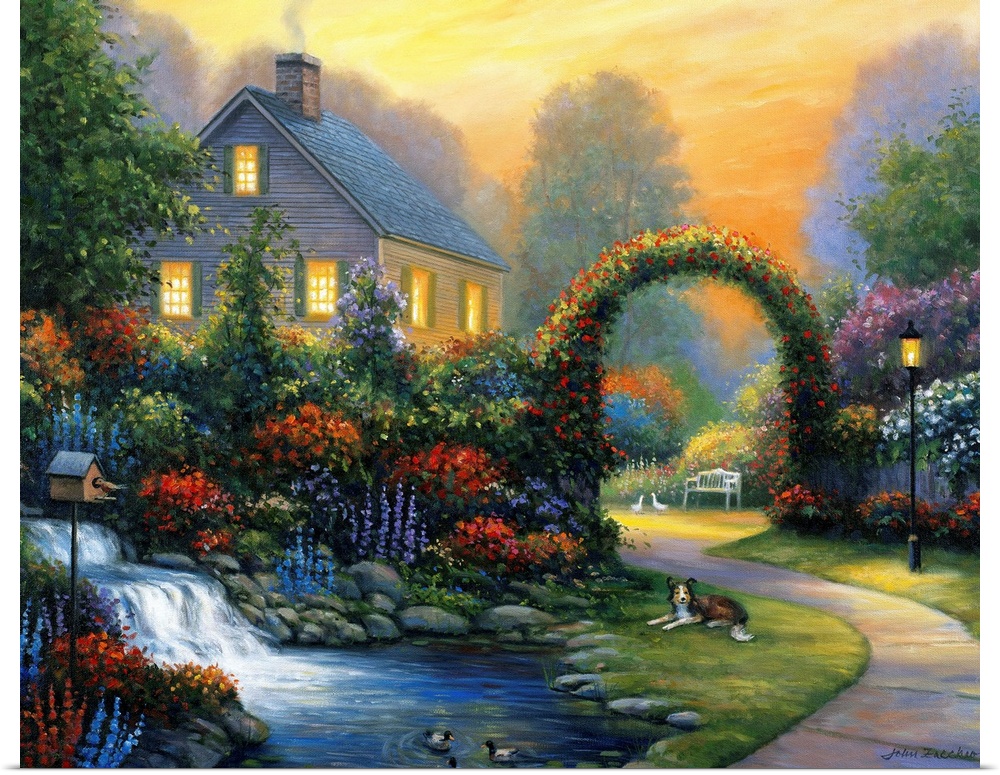 cottage at dusk, surrounded by colorful flower gardens, a stream w/waterfall and a collie in the grassspring