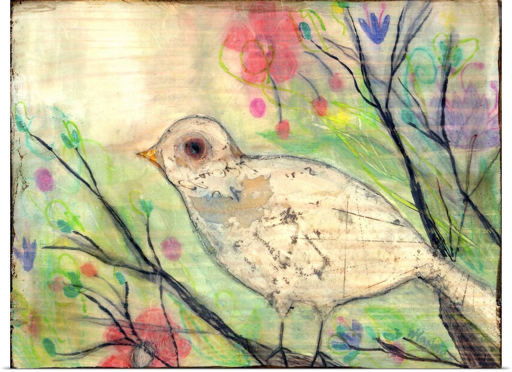 Painting of a white bird in a tree with colorful flowers.