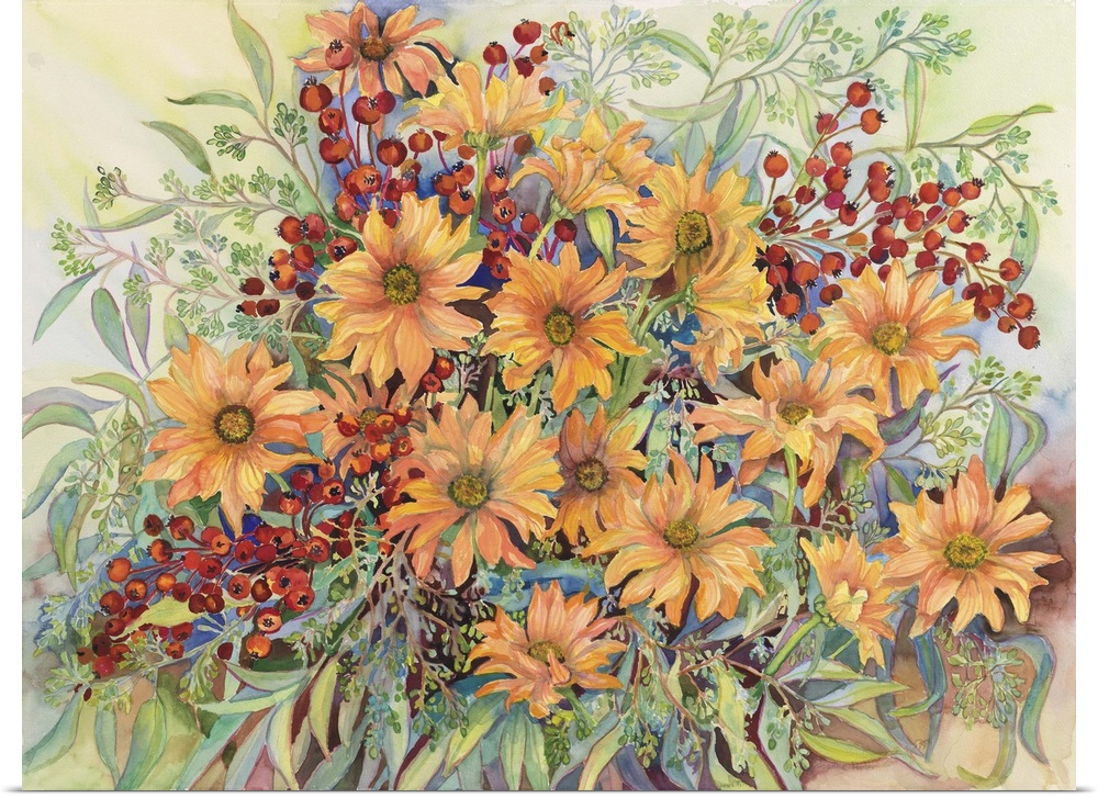 Colorful contemporary painting of autumn flowers.