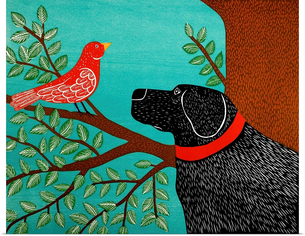 Illustration of a black lab starring at a red bird perched on a tree branch.