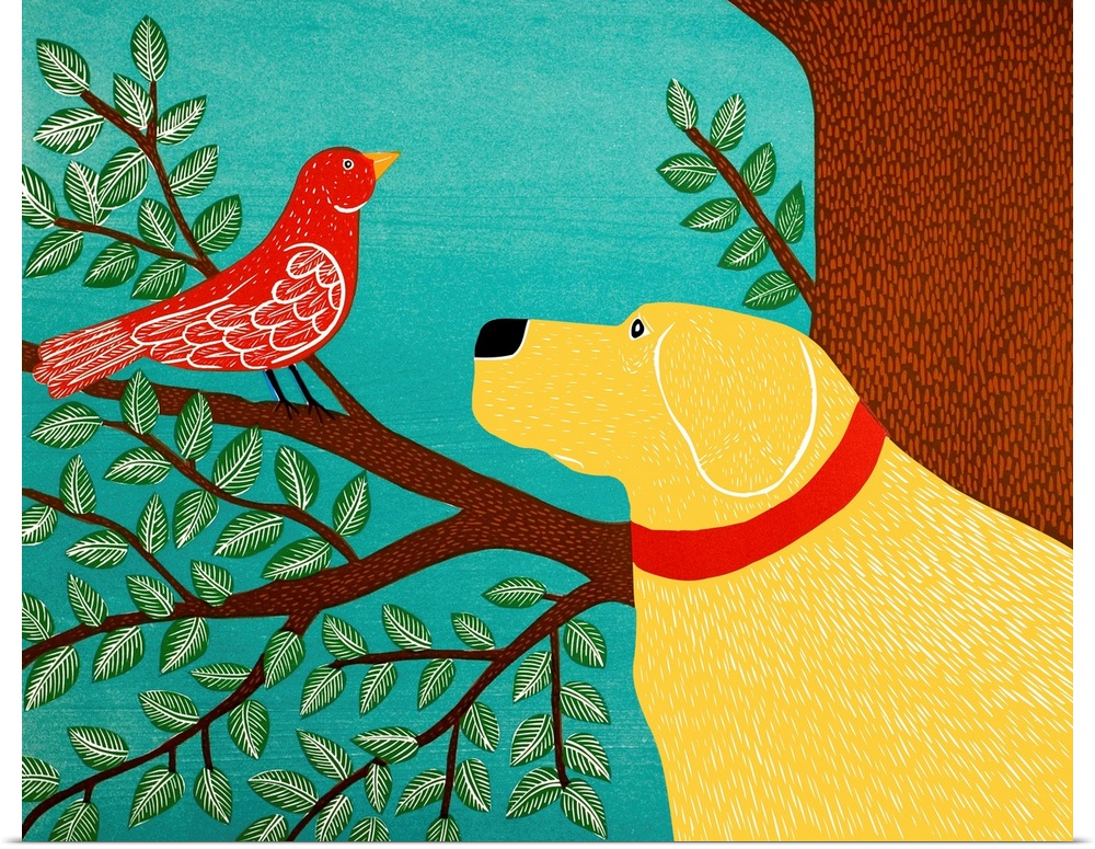 Illustration of a yellow lab starring at a red bird perched on a tree branch.