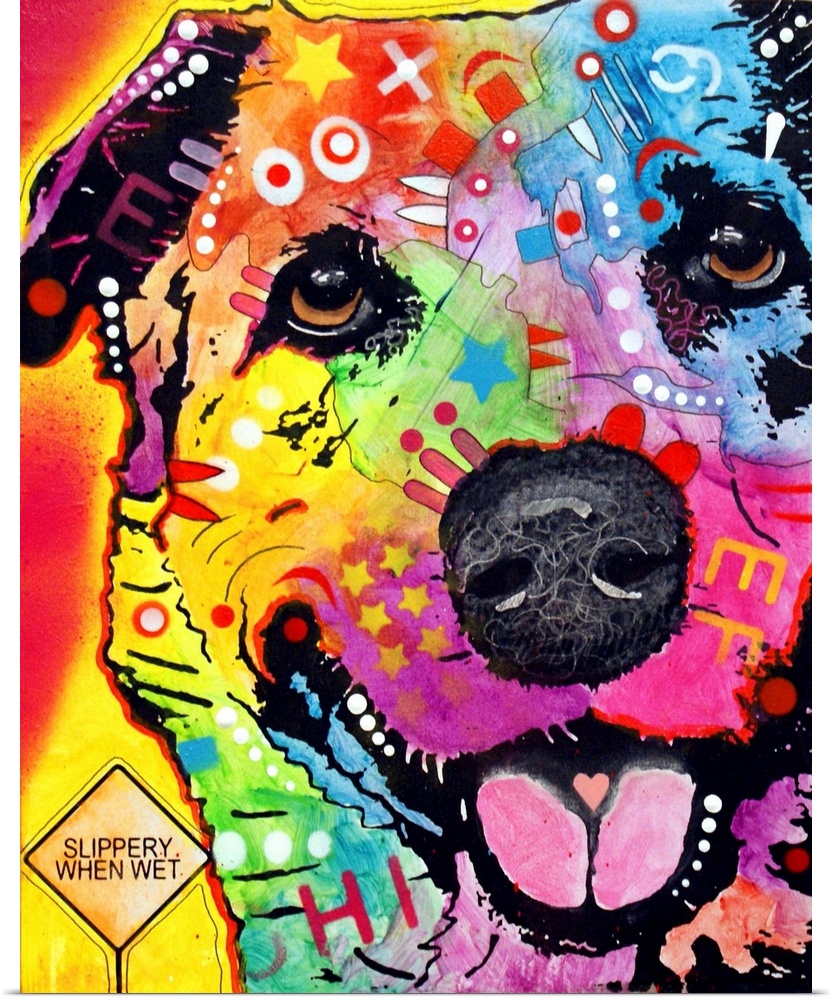 Contemporary stencil painting of a german shepherd and labrador retriever mix filled with various colors and patterns.