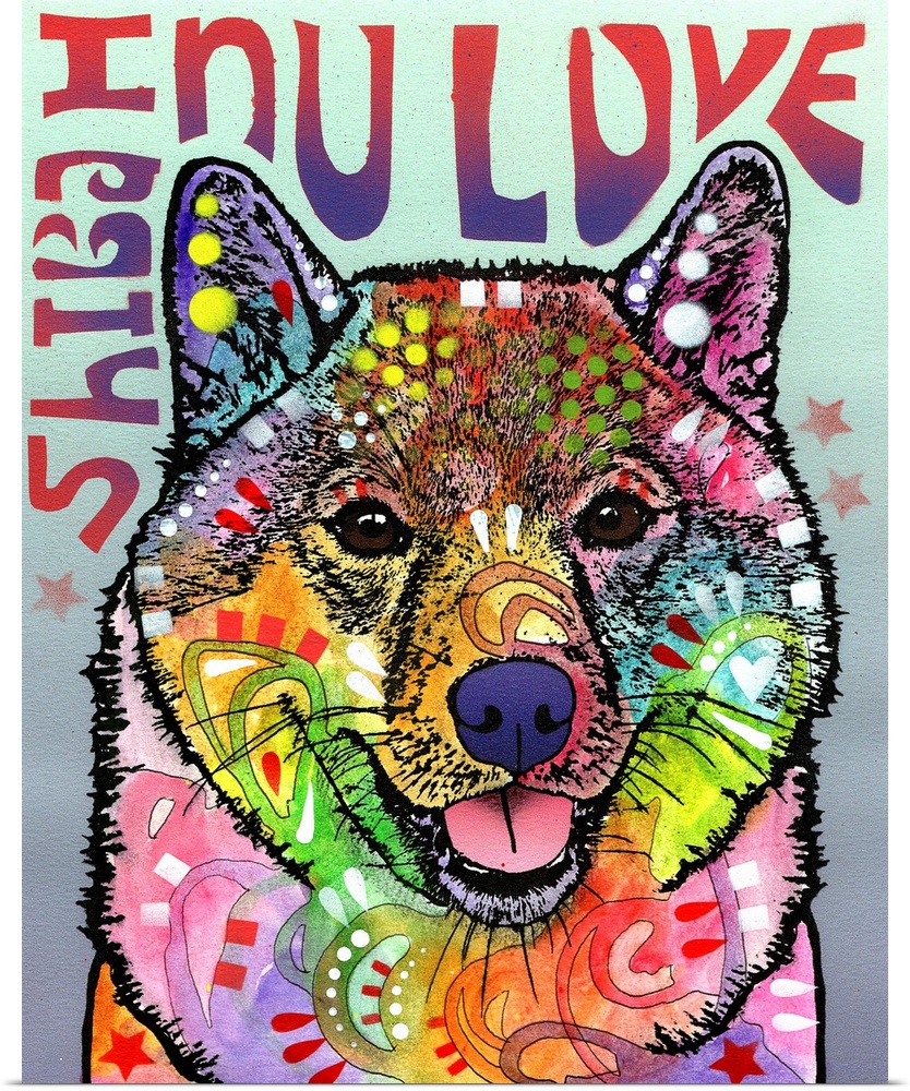 "Shiba Inu Luv" written around a colorful painting of a Shiba Inu with abstract markings.