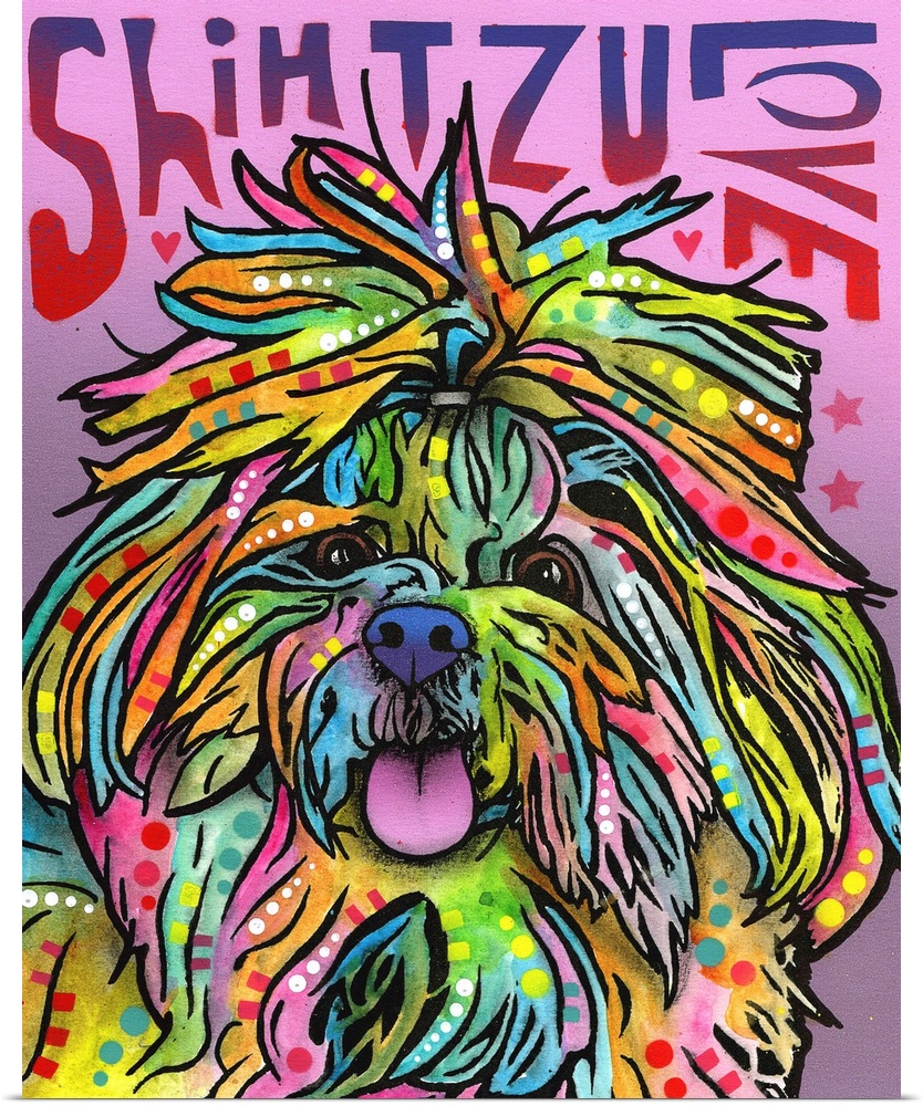 "Shih Tzu Love" written around a colorful painting of a Shih Tzu with abstract markings on a purple background.