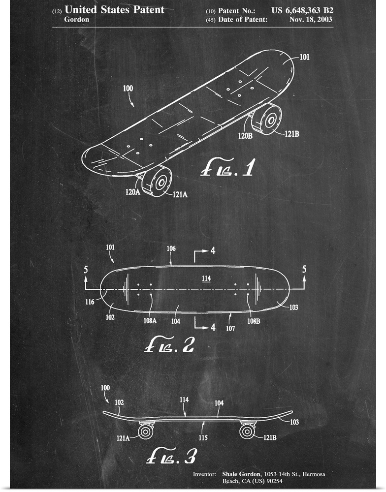 Black and white diagram showing the parts of a skateboard.