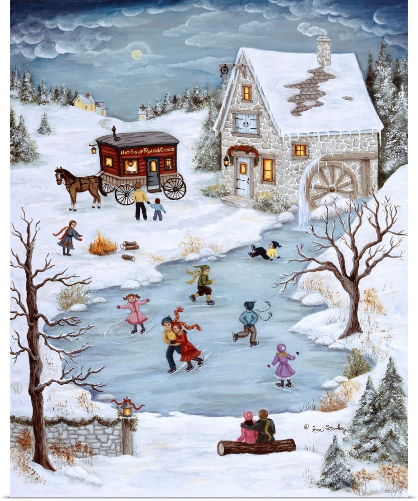 People skating on frozen pond by a watermill.