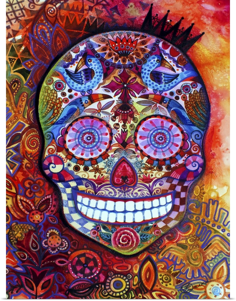 Watercolor painting of a brightly patterned Day of the Dead sugar skull.