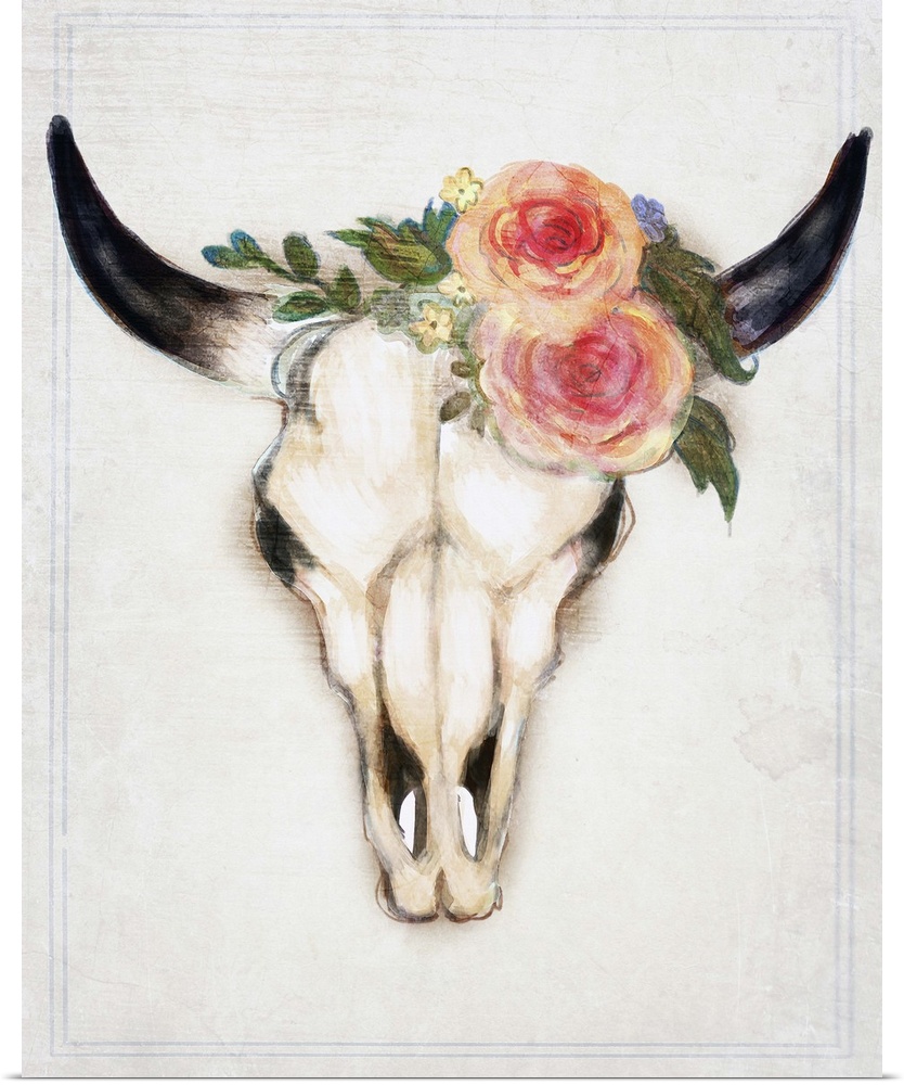 Decorative digital art piece of a bull skull with flowers on the top.