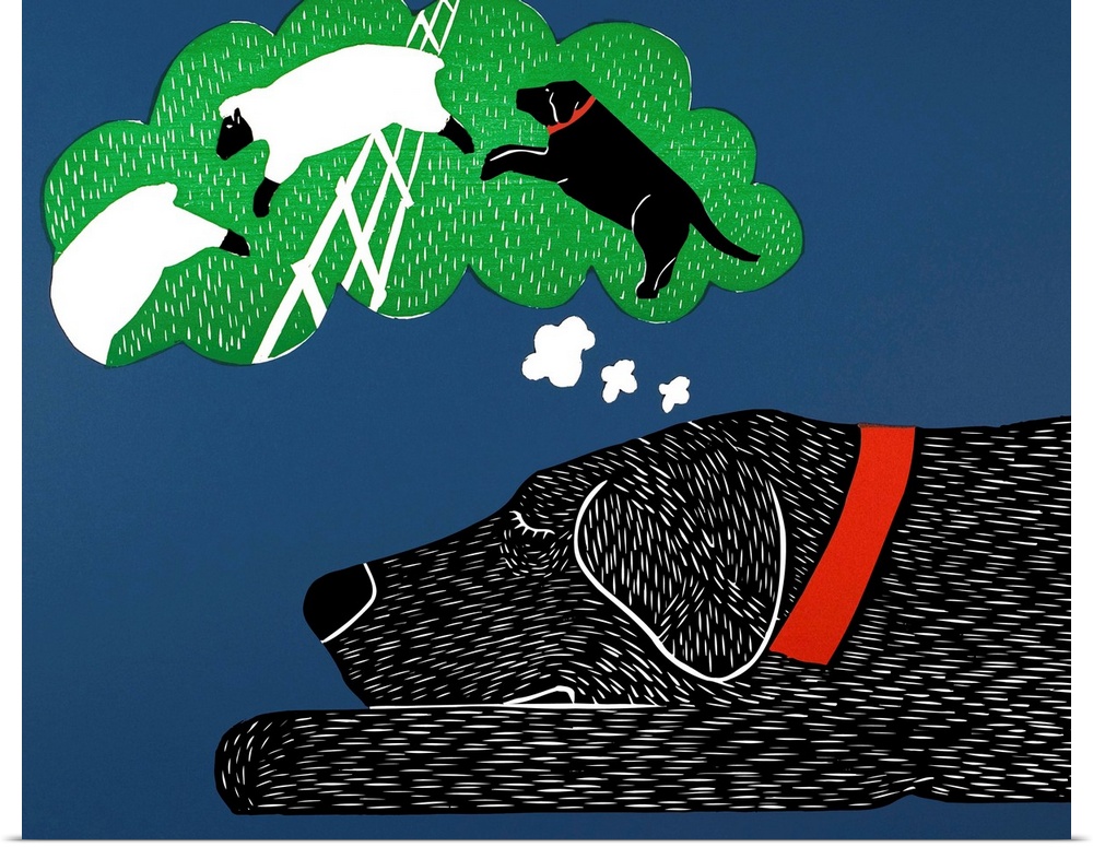 Illustration of a black lab taking a nap and dreaming of herding sheep.