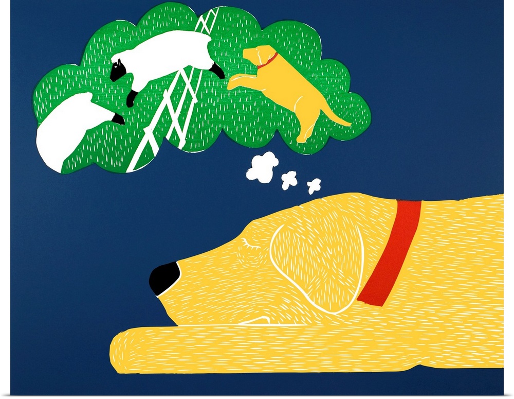 Illustration of a yellow lab taking a nap and dreaming of herding sheep.