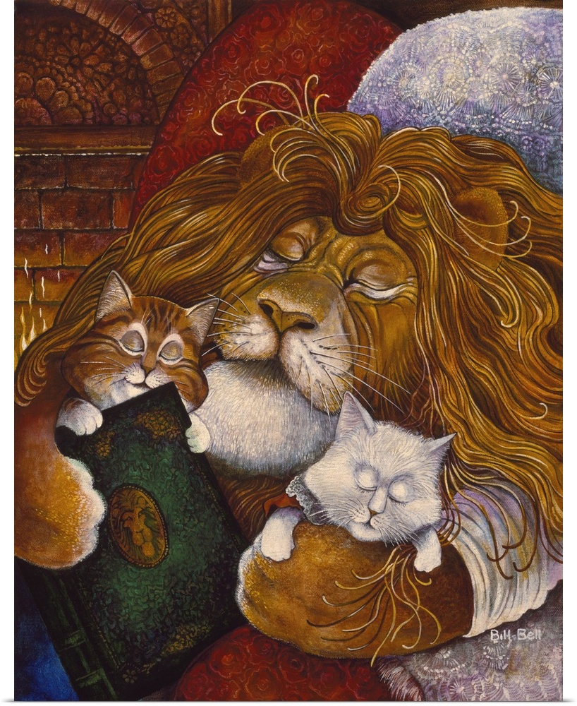 Lion sleeping with cats.