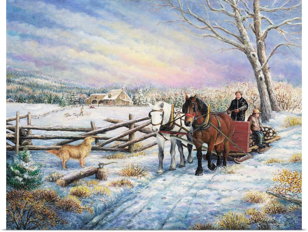 Contemporary artwork of couple of people on a sleigh being pulled by two horses past a fence.