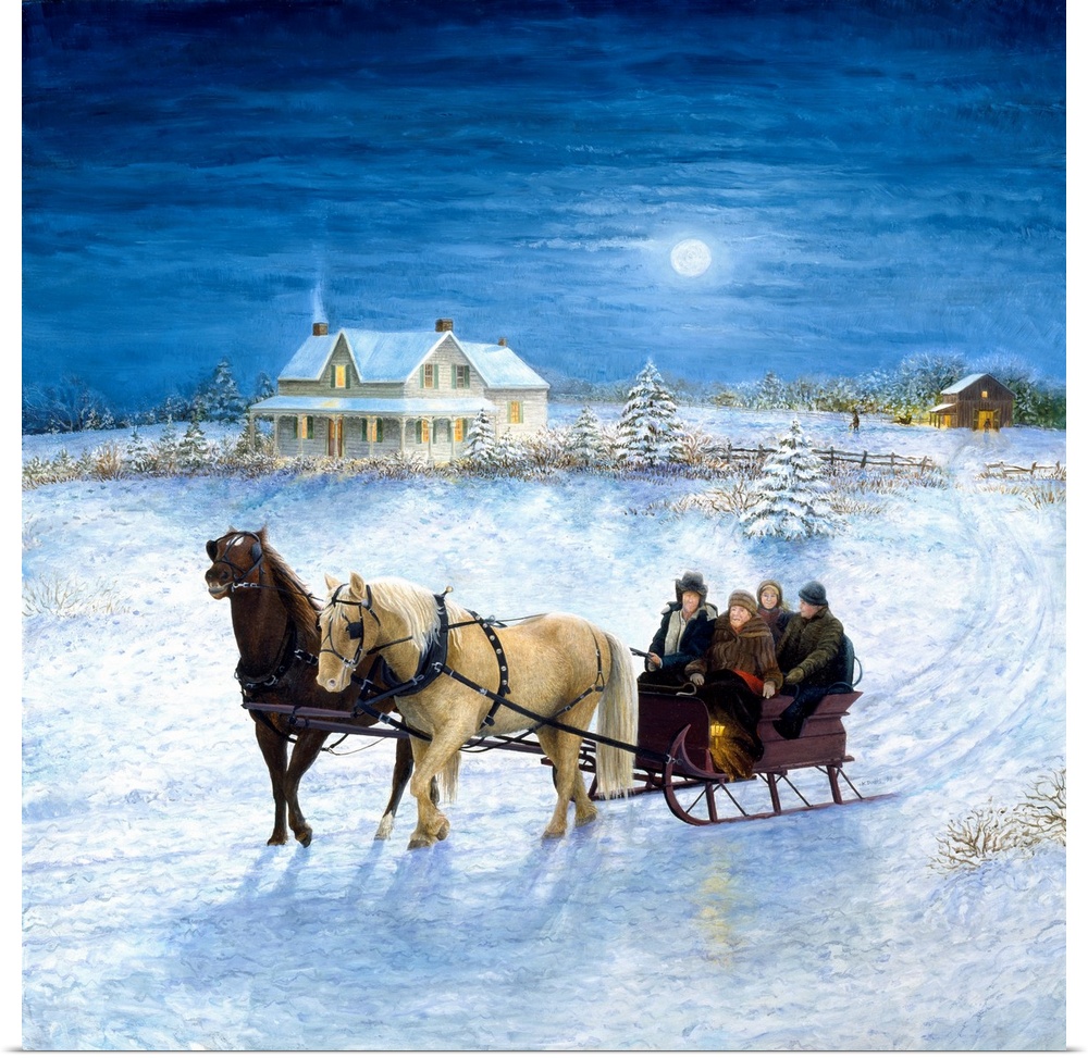 Contemporary artwork of horse drawn sleigh in the winter.