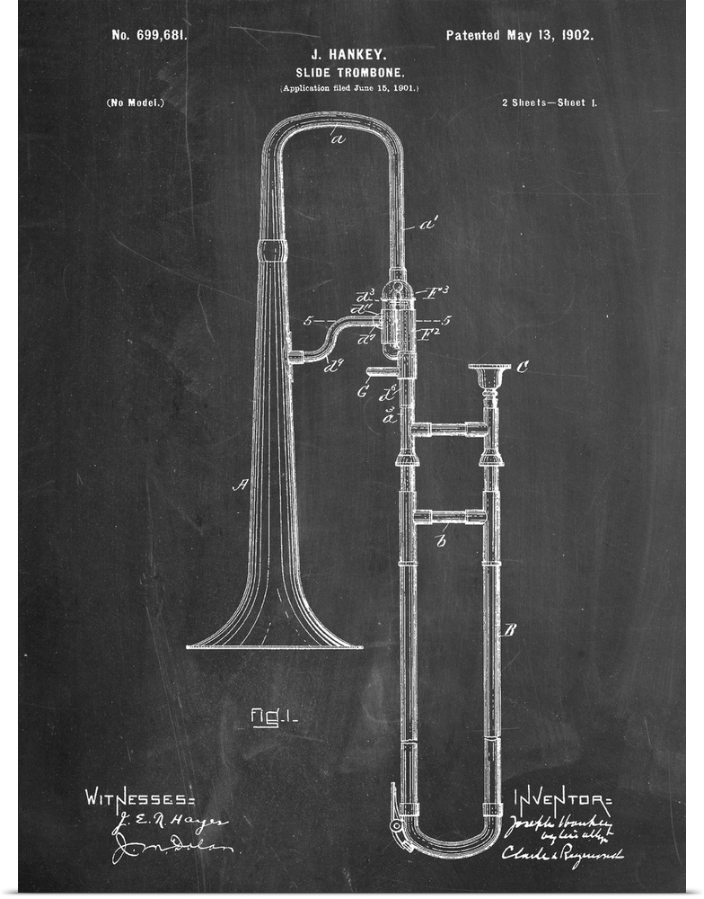 Black and white diagram showing the parts of a slide trombone.