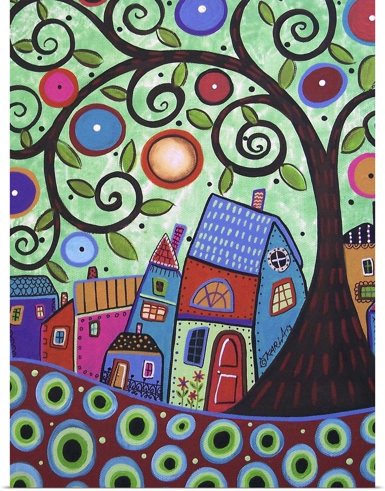 Contemporary painting of a village made of different colored houses with a large tree with curly branches.