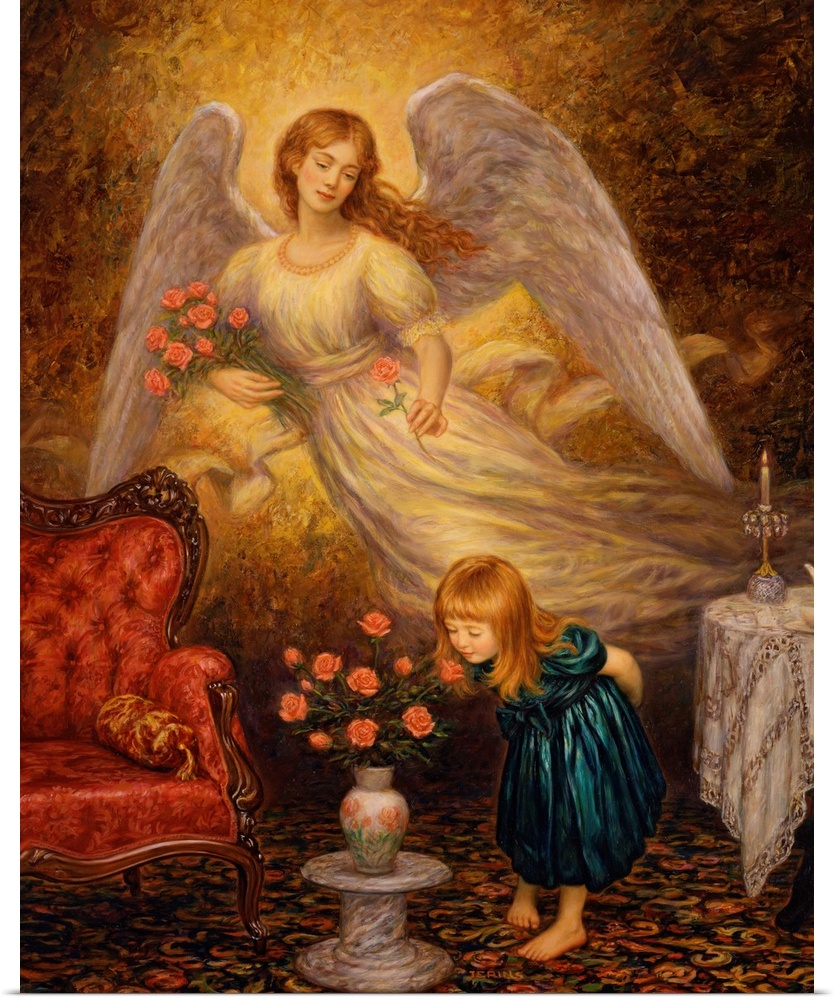 An angel looking over a little girl, dressed in a blue dress, bent over smelling the roses in a vase