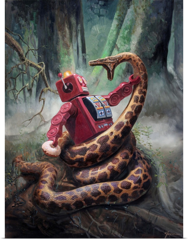 A contemporary painting of a red retro toy robot fighting a giant snake wrapped around him while holding a donut in a dark...