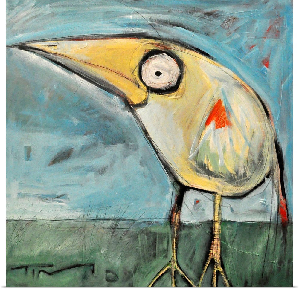 A cartoonish painting of a stylized bird on a square shaped canvas by a contemporary artist.