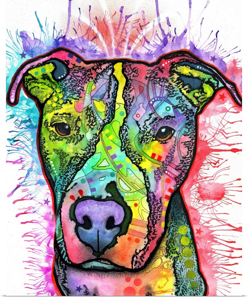Contemporary stencil painting of a pit bull filled with various colors and patterns.
