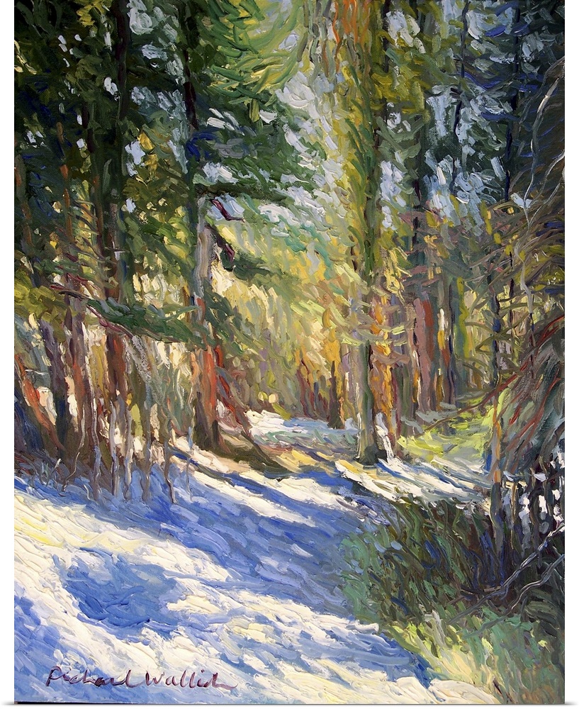 Contemporary painting of a snowy path through a forest.