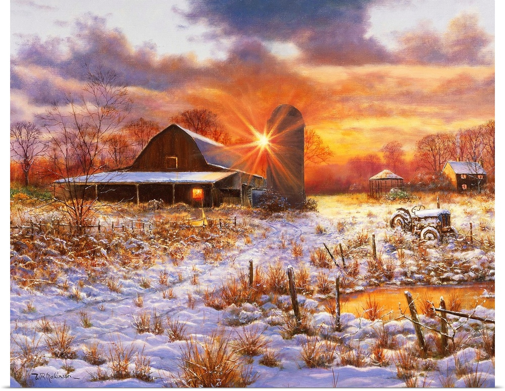 Sunset over barn in snowy field.