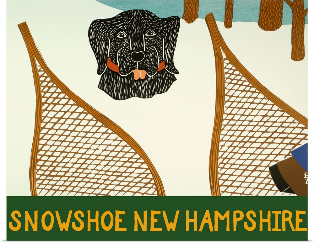 Illustration of a black lab buried in the snow with a set of snowshoes in front of it and "Snowshoe New Hampshire" written...