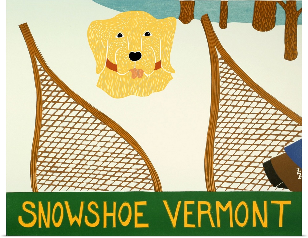Illustration of a yellow lab buried in the snow with a set of snowshoes in front of it and "Snowshoe Vermont" written on t...