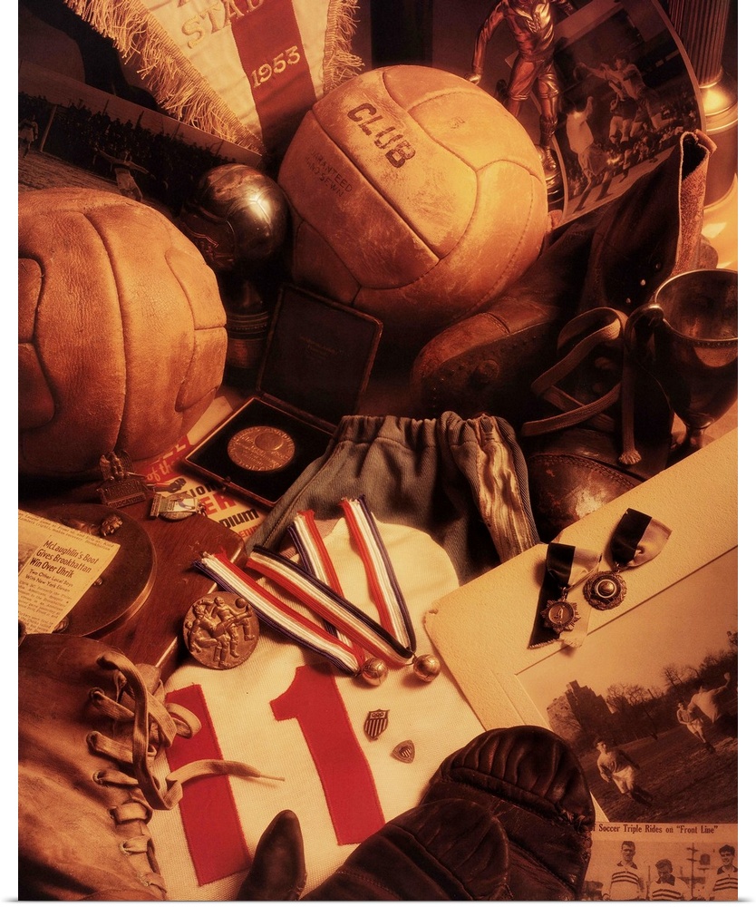 Photograph of vintage soccer gear and memorabilia.