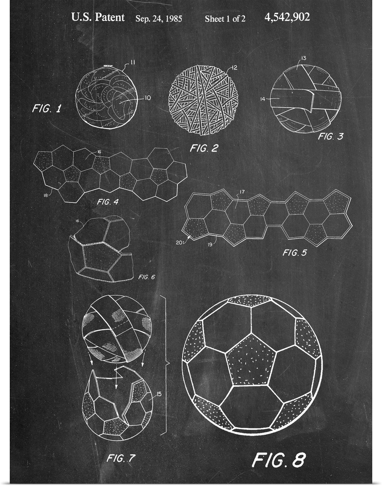 Black and white diagram showing the parts of a soccer ball.