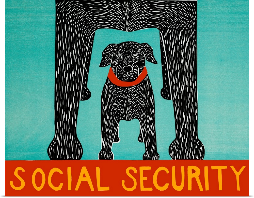 Illustration of a black lab puppy standing under a larger lab with the phrase "Social Security" written at the bottom.