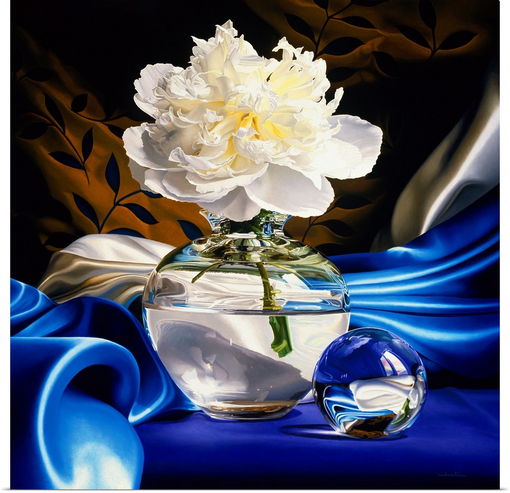 Contemporary vivid realistic still-life painting of a large white flower in a clear glass vase filled with water with a gl...
