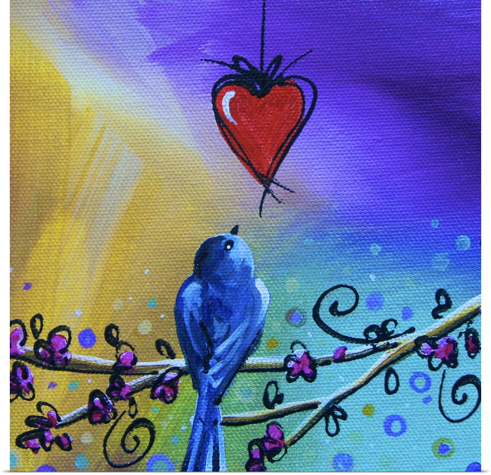 Whimsical contemporary artwork of a garden bird looking at a hanging heart against a colorful background.