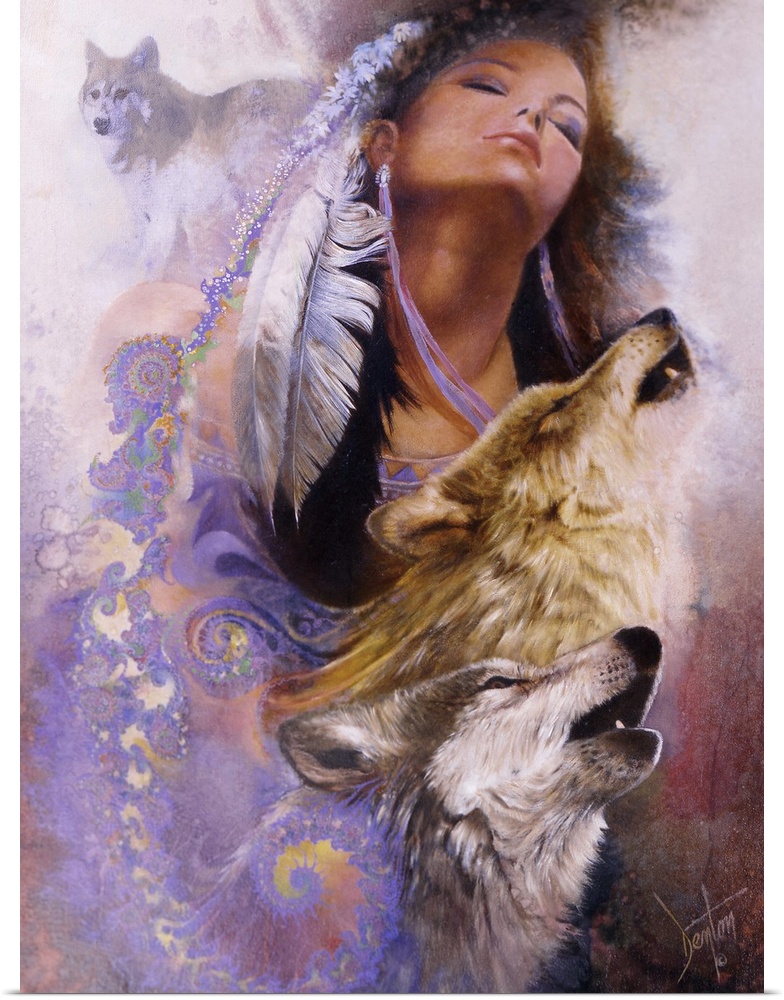 A contemporary painting of a Native American woman with fractals streaming from the feathers in her hair leading down to t...