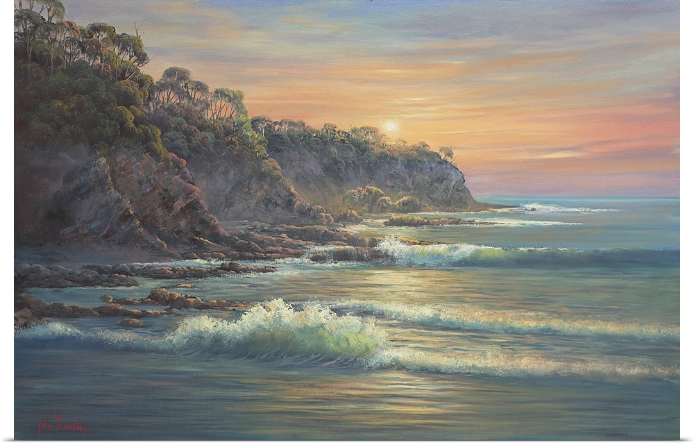Contemporary painting of a coastal landscape at sunset.