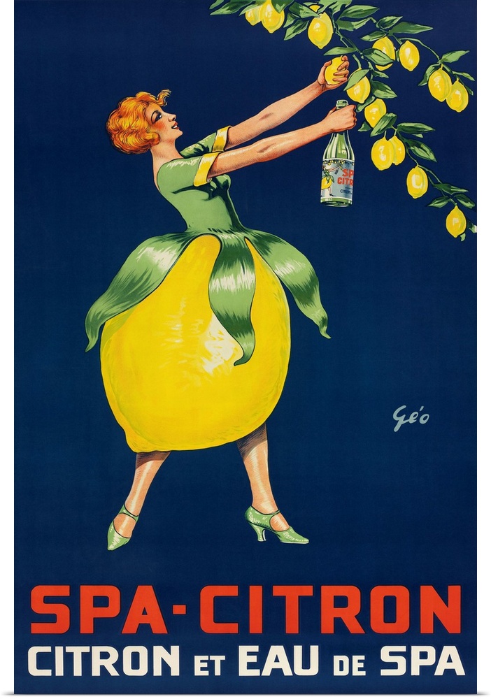 woman picking lemons, bottom of her dress is a lemon