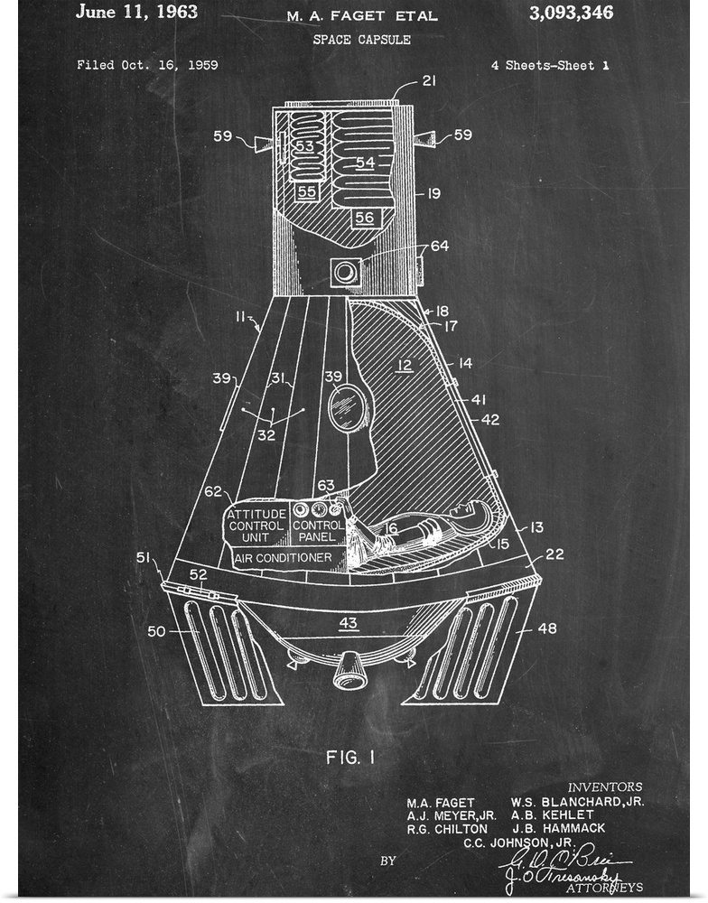 Black and white diagram showing the parts of a space capsule.