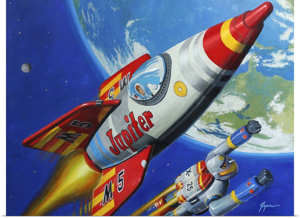 A contemporary painting of a retro toy rocket chip and robot flying through space with the planet earth seen in the backgr...