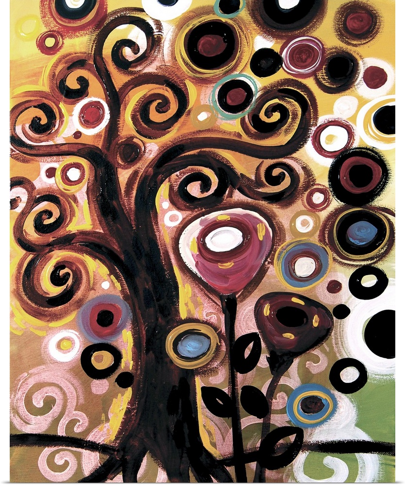 Contemporary painting of a tree with curled branches and blooming flowers.