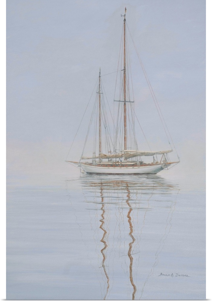Contemporary artwork of a sailboat anchored in the mist.