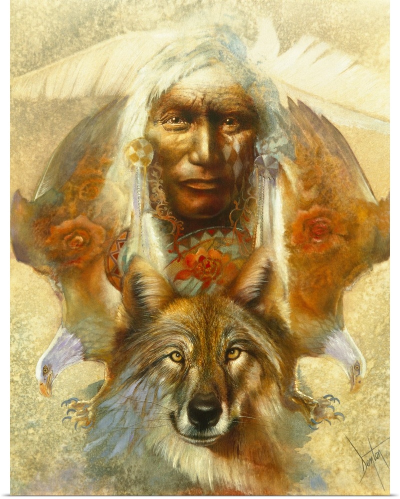 A contemporary painting of a Native American man looking straight on with colorful imagery and animals surrounding his head.