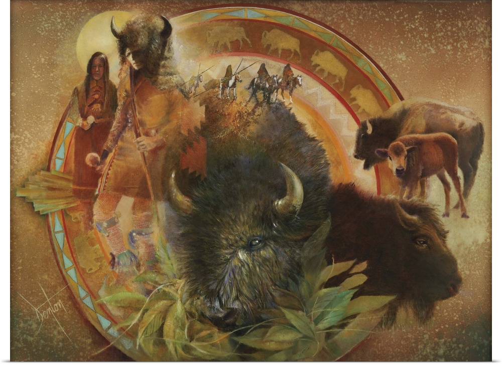 A contemporary painting of a montage of Native American tribesmen and bison.