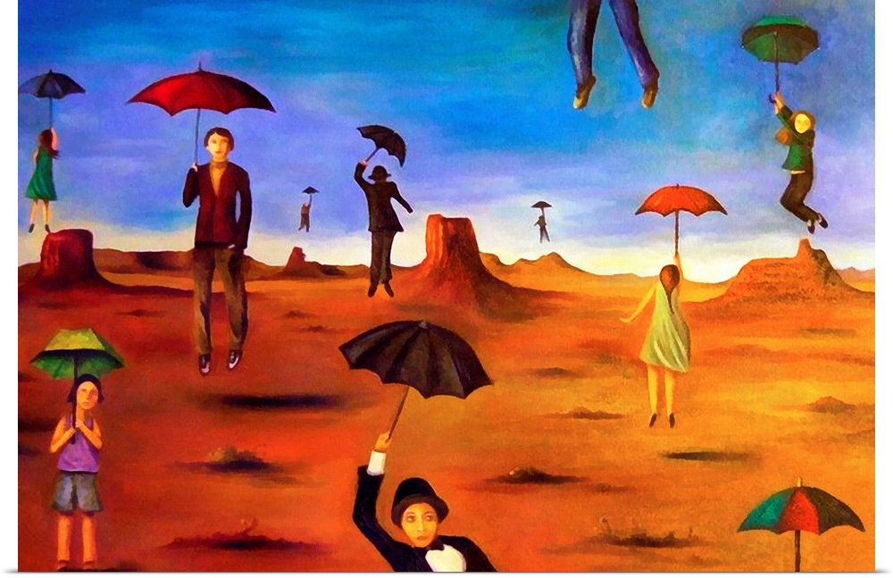 Surrealist painting of a desert landscape with people floating with umbrellas.