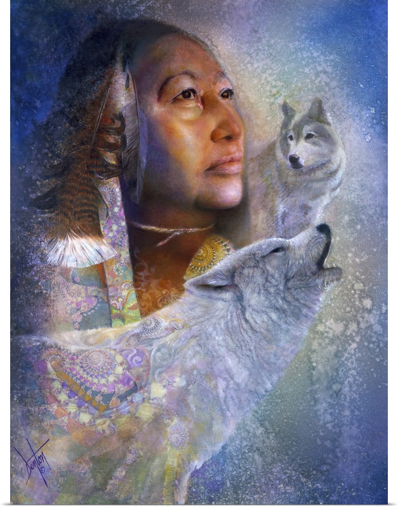 A contemporary painting of a Native American woman surrounded by colorful fractals and white wolves.