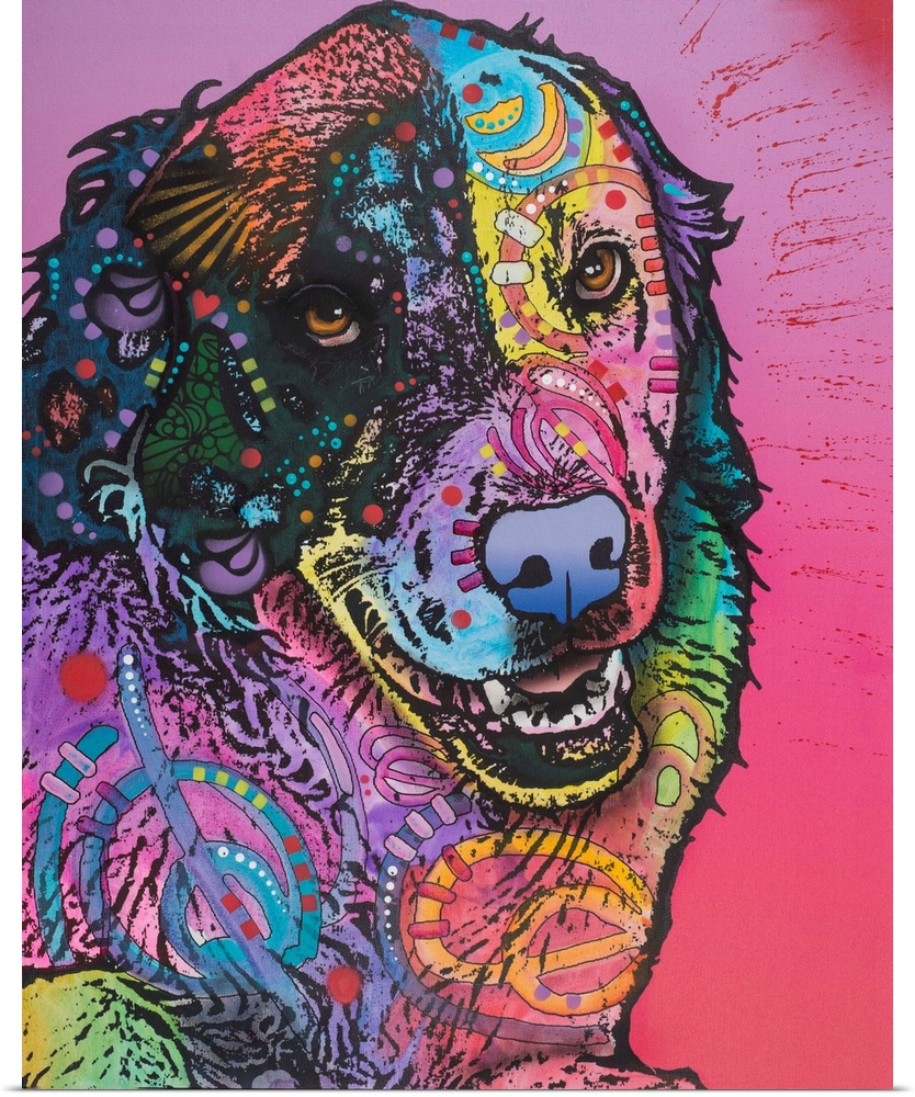 Colorful painting of a dog made up of all the colors of the rainbow with graffiti-like designs on a pink and purple paint ...
