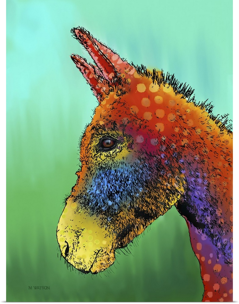 Contemporary colorful artwork of a donkey against a colorful background.