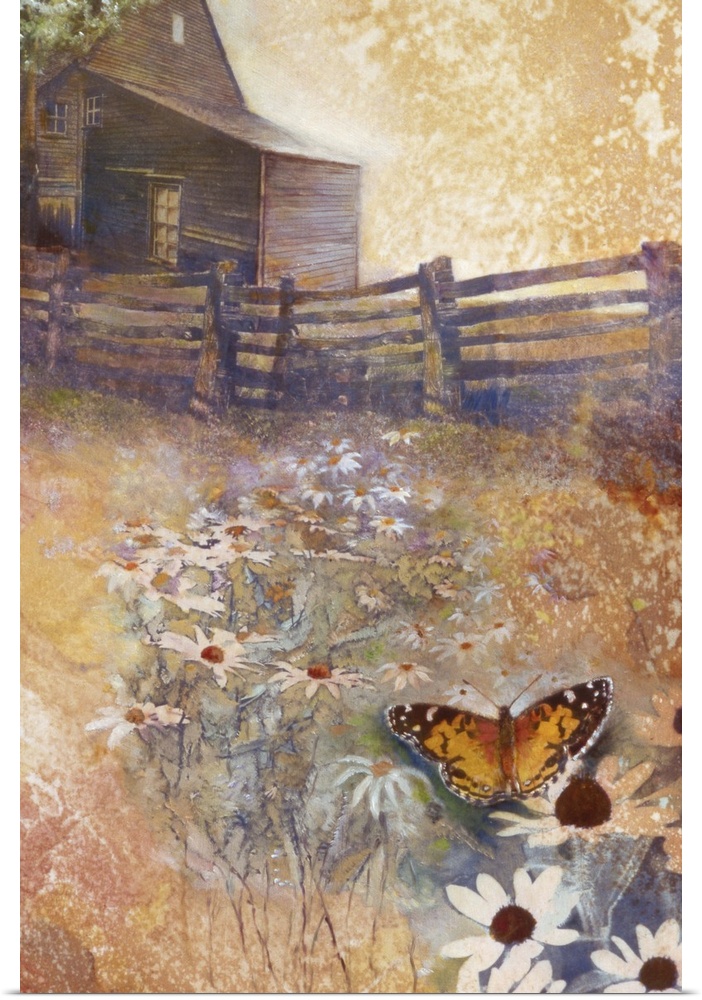 A contemporary painting of a butterfly on wildflowers seen outside of a country home.