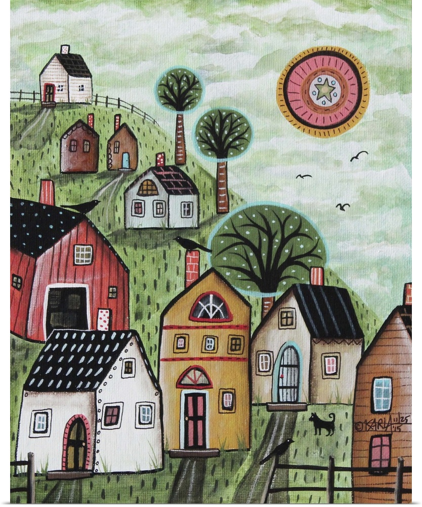 A contemporary folk art style painting of a rolling countryside landscape.