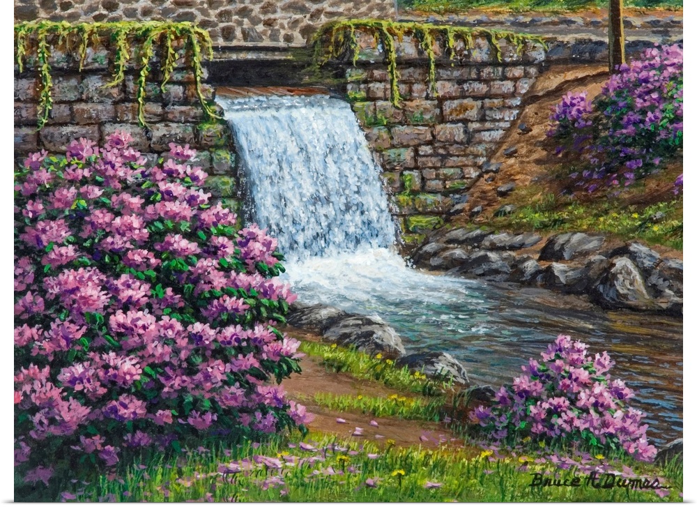 Contemporary artwork of a small waterfall with purple flowers around it.