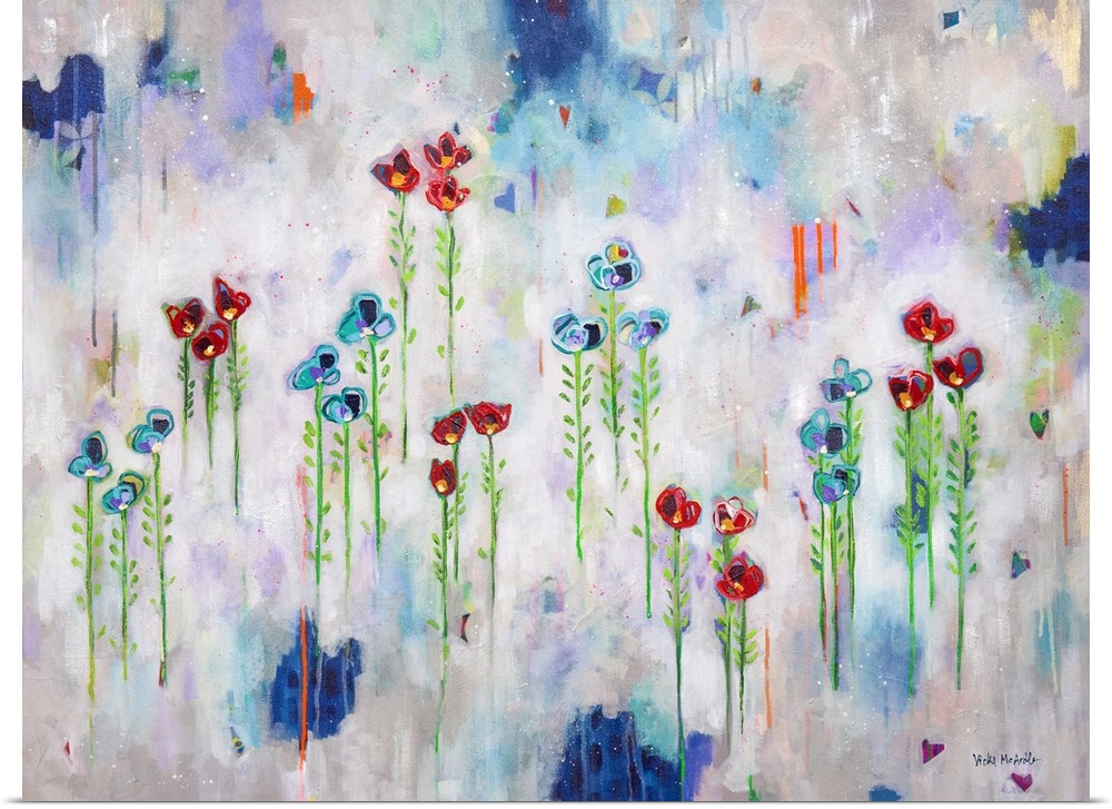 Vibrant abstract painting with blue and red flowers that appear to be floating in sets of three with long green stems and ...